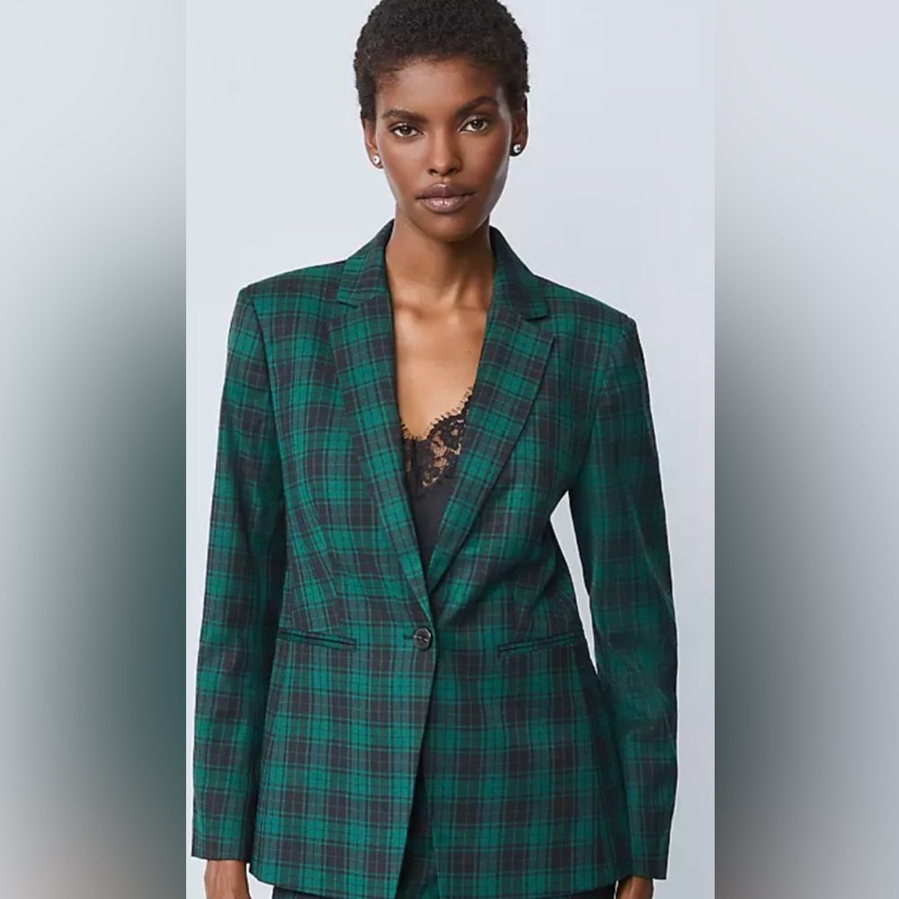 Ann Taylor The Notched Dark Green Plaid Blazer One Button Academia Size 14